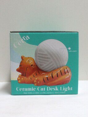 Ceramic Orange & Black Stripe Cat With White Yarn Ball LED Desk Light